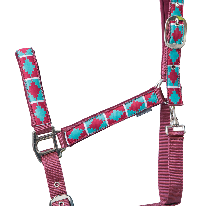 Hy Equestrian Woven Polo Headcollar and Leadrope - Aqua/Fig-2